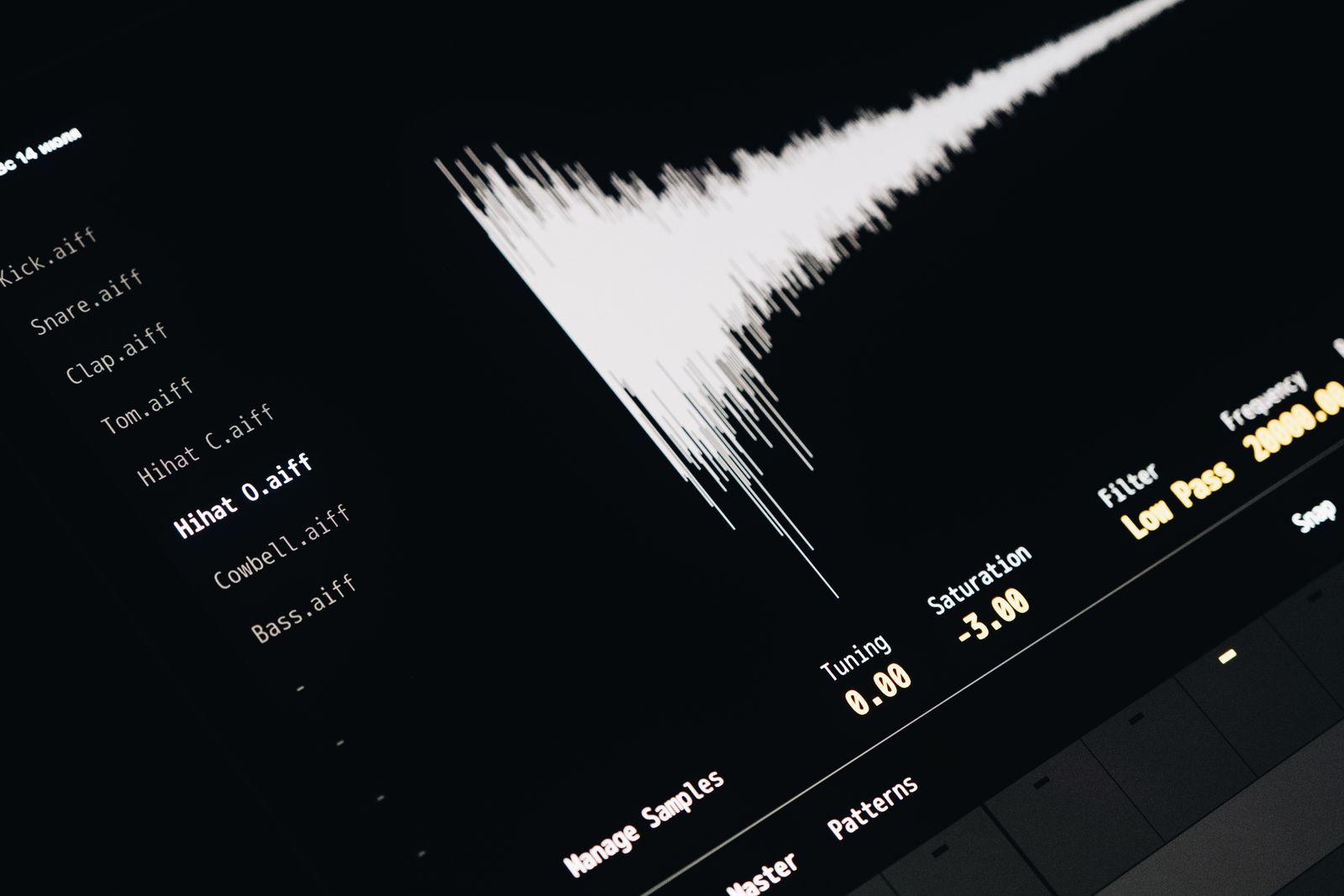 Digital audio waveform and spectrum displayed on a screen